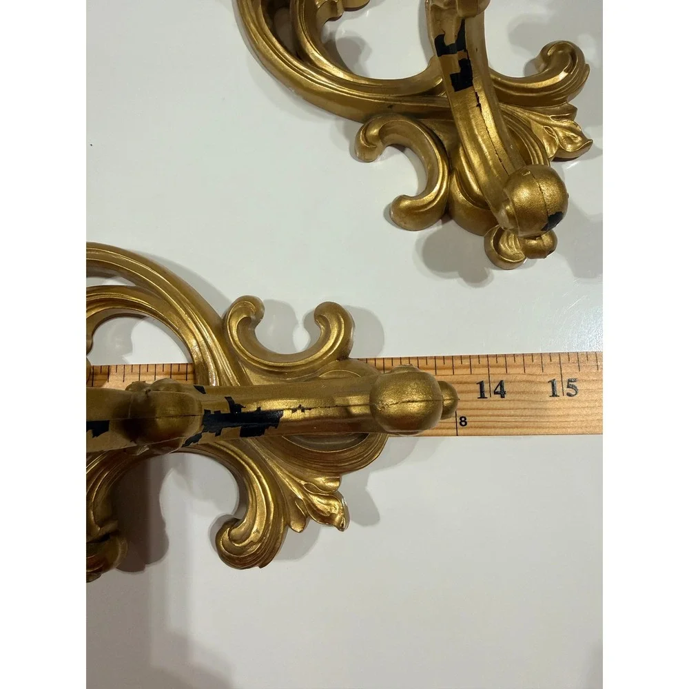 SYROCO VTG 1965 2 Gold Wall Candle Sconces 5183 Hollywood Regency Floral USA MCM